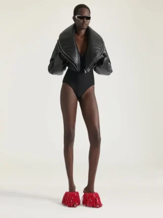 cropped bomber with zipped shawl collar in leather 1 330x440 - Boudoir Heeled Mules in Patent Leather with Fringes