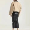 Cropped Peacoat with Leather Collar in Cotton and Wool