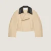 Cropped Peacoat with Leather Collar in Cotton and Wool