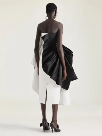 Draped Bustier Evening Dress in Satin with Bow Detail