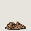 Label Flat Mules in Pony Effect Leather with Leopard Pattern