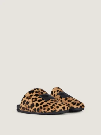 Label Flat Mules in Pony Effect Leather with Leopard Pattern