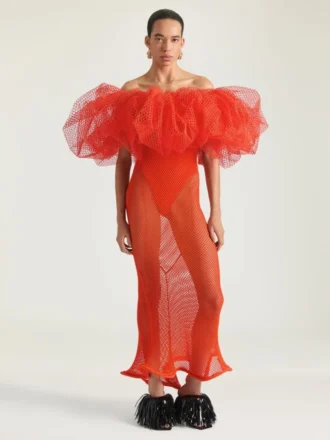 Long Ruffled Dress in Mesh