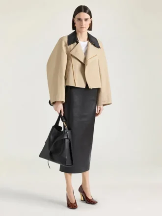 Cropped Peacoat with Leather Collar in Cotton and Wool