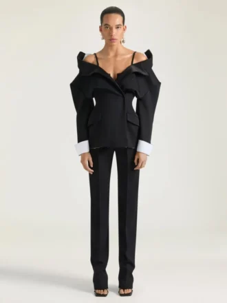 Single-Breasted Slashed Jacket in Wool Grain De Poudre