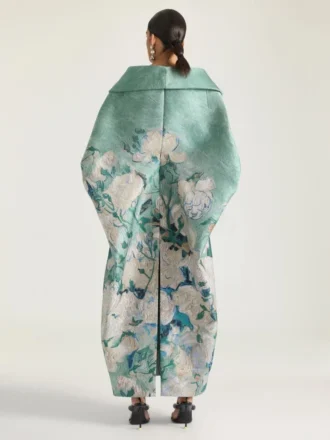 Slashed Long Coat in Roses Jacquard