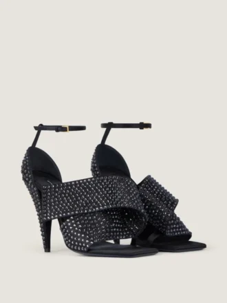 Sliced Square Heeled Sandals in Satin with Strass