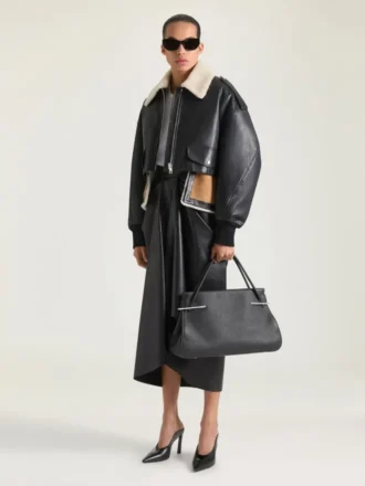 Cropped Aviator Jacket in Leather and Shearling