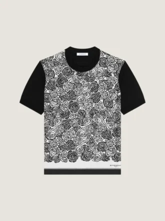 T-Shirt in Cotton Knit with Flowers Print
